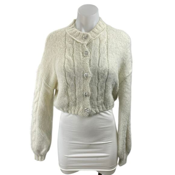 Free People Willow Cream Cable Knit Long Sleeve Crop Button Cardigan Sweater XS - Picture 2 of 6